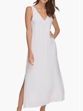 DKNY White V-Neck Maxi Dress with Side Slit
